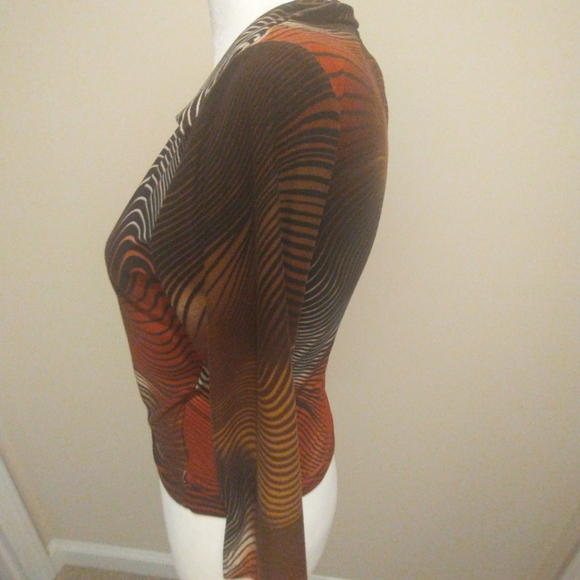 Orange and Brown Psychedelic Wrap Blouse with 3/4 Sleeves and Notched Collar - Picture 3 of 7